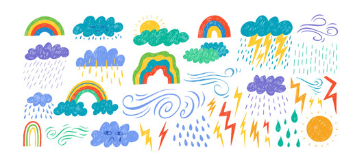 Childish crayon drawn clouds, lightnings, sun, rainbow and wind motion collection.