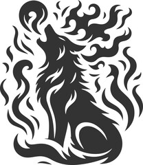 A wolf howling with fire and water swirling around it animal vector silhouette