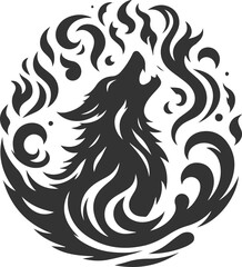 A wolf howling with fire and water swirling around it animal vector silhouette © LUTHFAN NAHAR LABONY