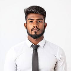 Stylish young South Asian man with trendy hairstyle wearing white shirt and black tie posing with serious expression corporate portrait for professional branding and networking