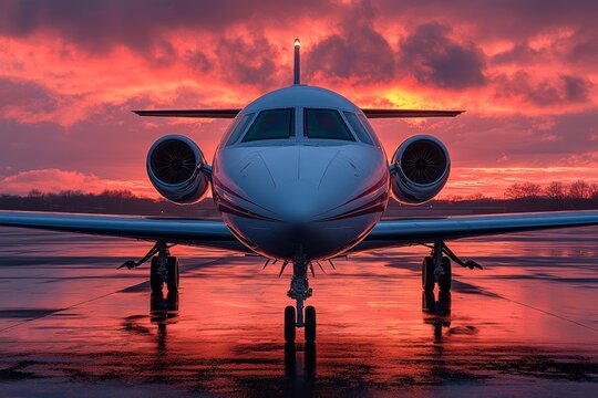 Modern luxury private jetplane parked elegantly on the airport taxiway, bathed in the warm, dramatic light of sunset, set against a colorful sky in a hangar, representing the essence of executive