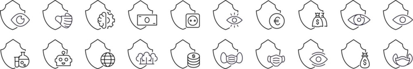 Minimalistic Linear Illustrations of Insurance. Contains Icons of Health, Money, Robot etc by Shield for Graphics, Concept, Apps