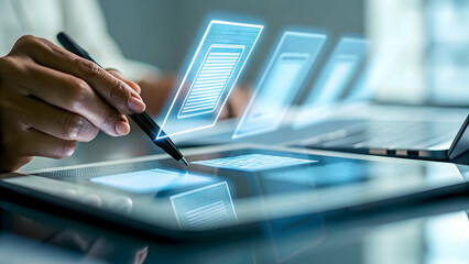 Naklejka premium Seamless Digital Signatures: Hand Signing on Tablet with Holograms