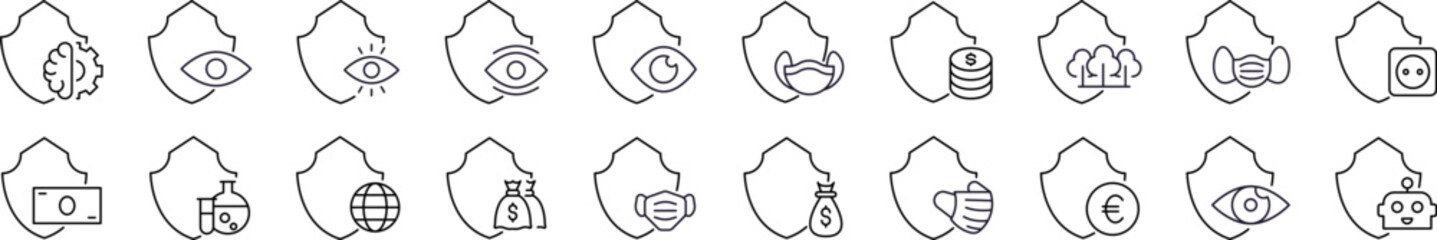 Insurance Line Icon Set. Contains Icons of Health, Money, Robot etc by Shield for Graphics, Concept, Apps