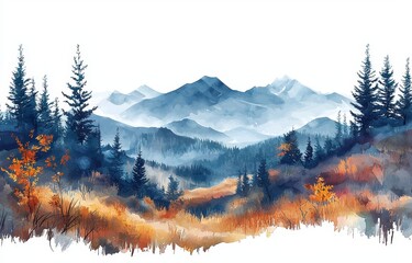 A background featuring a mountain landscape in watercolor style.