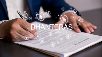 Hand Signing Document with Holographic Wealth Symbols for Dhanteras