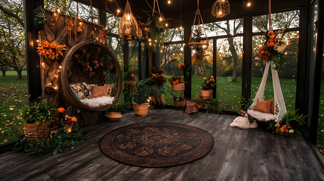 Autumnal sunroom photoshoot setup, hanging swings, fall decor