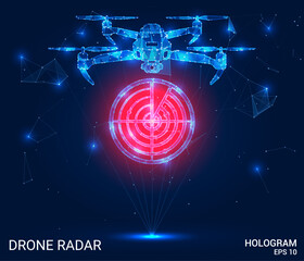 Drone radar hologram. Drone radar is made of polygons, triangles, dots, and lines. Drone radar is a low-poly compound structure. Technology concept vector.