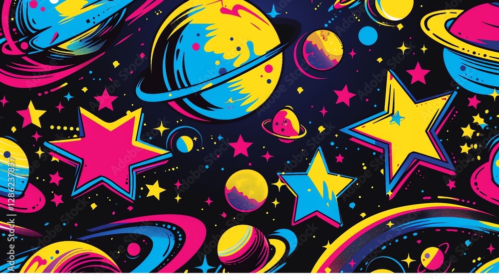 Canvas Prints a colorful pattern of planets and stars on a black background.