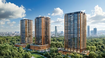 Fototapeta premium Modern apartment buildings, parkland, city view, illustration, real estate