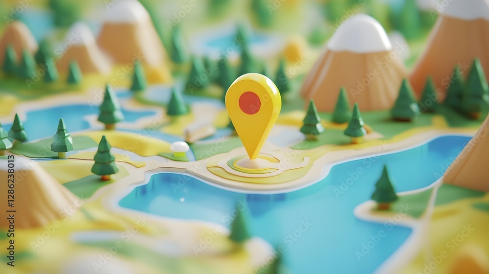 Poster Detailed miniature papercraft map with a GPS navigation pointer on a scenic mountainous landscape with forests rivers and other natural elements