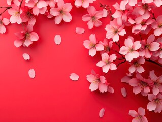 Fototapeta premium Delicate pink cherry blossoms and petals create a serene spring atmosphere on a vibrant red background.