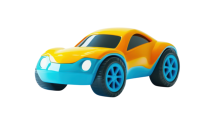 Brightly colored toy car parked on a smooth surface, showcasing playful design and vibrant hues for children's enjoyment