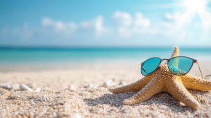 A charming starfish sporting sunglasses captures the joyful spirit of a sunny beach day, highlighting the playful interactions of nature and style on the coastline.
