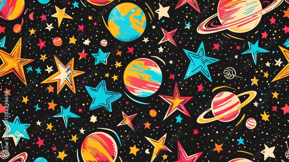 Poster a seamless pattern of planets and stars on a black background.