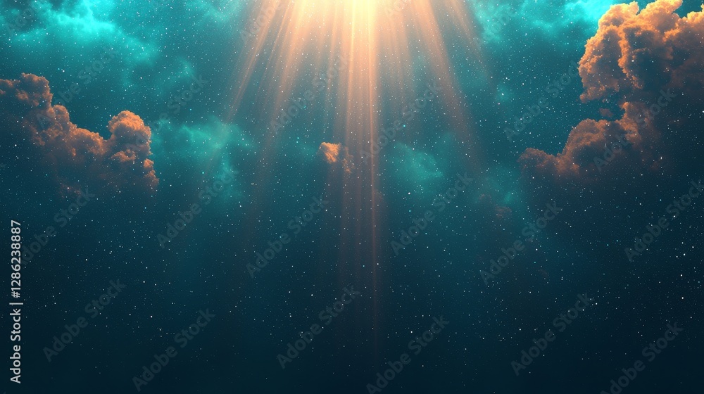 Poster 4. a 3d rendering featuring an abstract background with light blue particles and a bokeh effect that