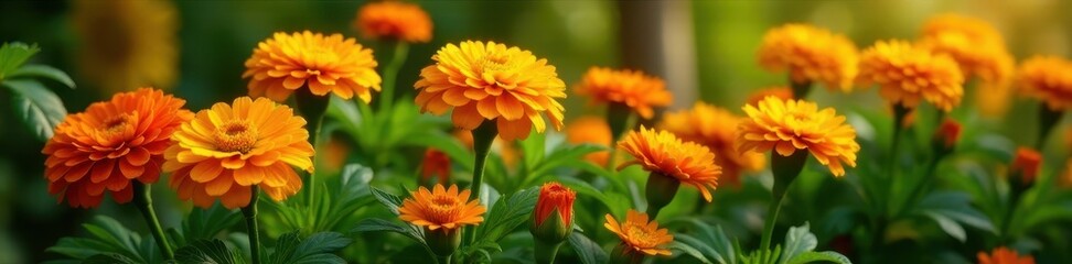 Fototapeta premium Vibrant marigolds, rich orange and yellow hues, lush green leaves , bloom, bright, flora