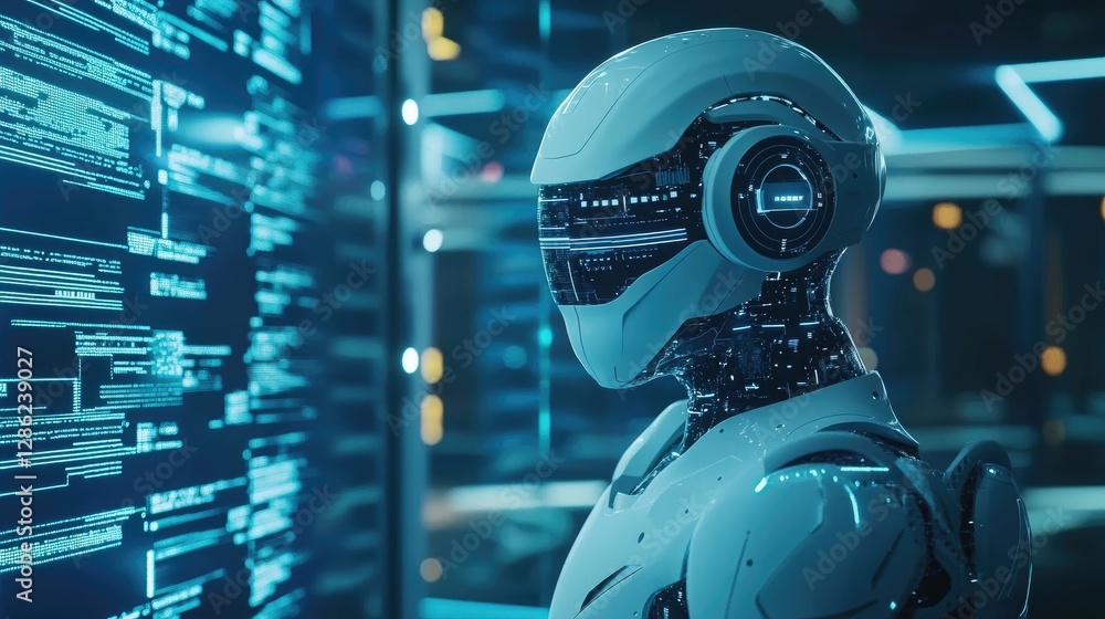 Poster futuristic robot analyzing data streams in a high-tech server room