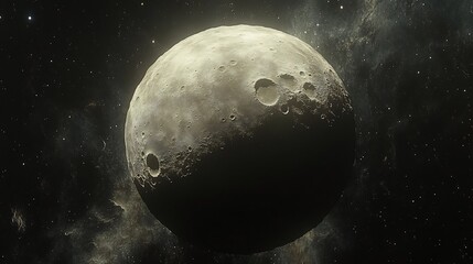 Obraz premium Cratered moon glows softly in dark space Dramatic cosmic scene beautifully composed. AI Generated