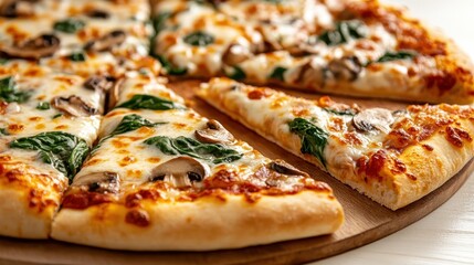 This image highlights a mouthwatering pizza topped with fresh mushrooms and spinach, elegantly displayed on a wooden board, perfect for showcasing culinary artistry and flavor.