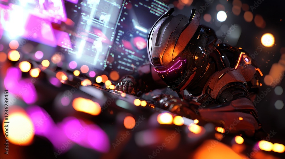 Poster futuristic cyborg intensely focused on a glowing keyboard in a high-tech digital environment