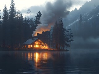 Fototapeta premium Cozy Lakeside Cabin Reflecting in Glowing Evening Waters with Serene Smoky Atmosphere