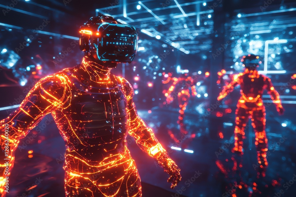Poster two figures in vr headsets experiencing a futuristic digital world, illuminated by glowing neon ligh