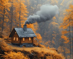 Fototapeta premium Glowing Cabin Perched on Hillside with Autumn Leaf Backdrop and Smoky Chimney
