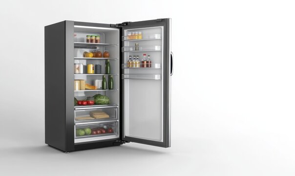 Open fridge full of food on white background, ideal for healthy eating visuals (1)