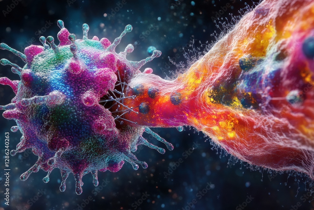 Poster highly detailed colorful microscopic depiction of a virus infecting a cell, showing the complex inte