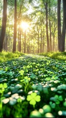 Fototapeta premium Clover Path in the Forest: A Sunlit Journey to Luck and Magic