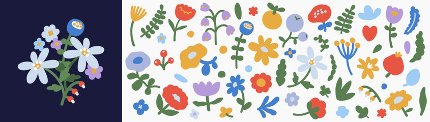 Abstract simple colorful flowers and leaves set. Floral plant nature shapes for pattern, card, banner, poster. Vector illustration