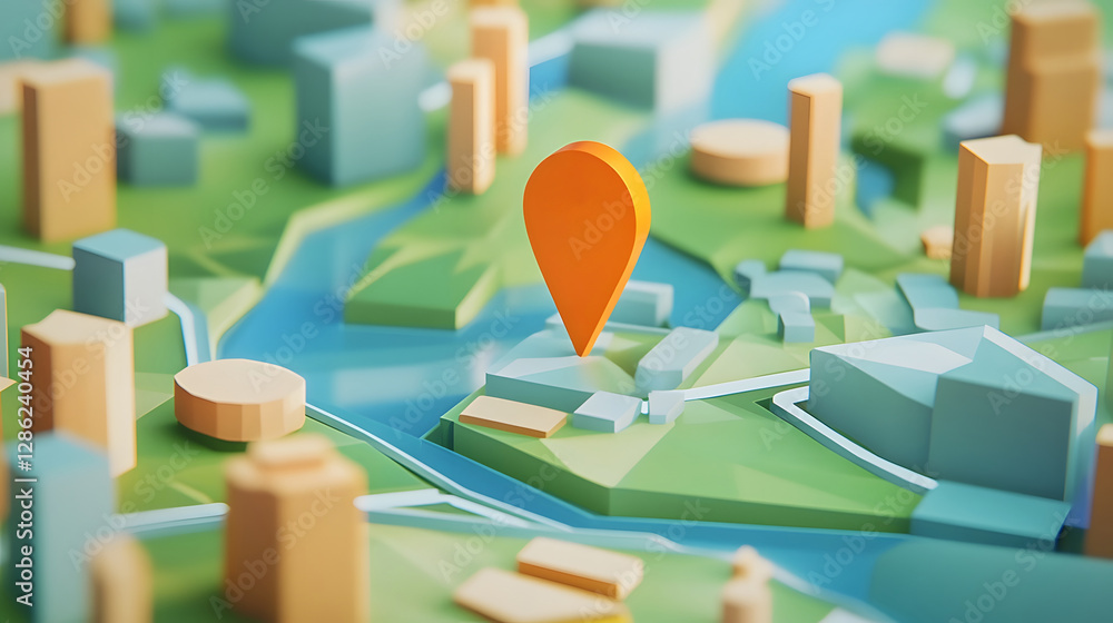 Aufkleber detailed three dimensional digital map model with colorful buildings roads and a bright red location
