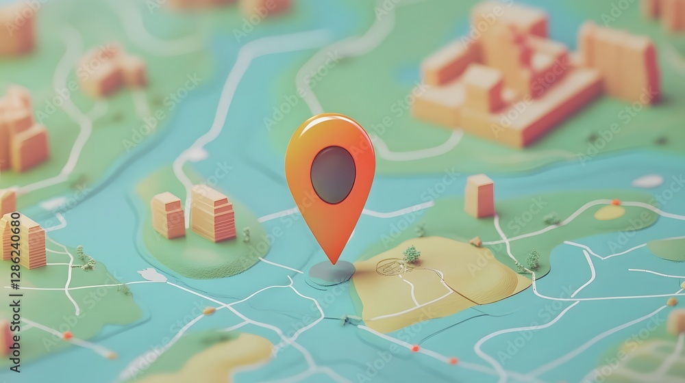 Poster detailed topographic map with a pinpointed destination marker indicating a location for adventure si