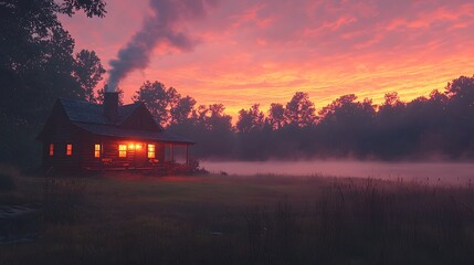 Glowing Cabin at the Edge of a Quiet Meadow with Pastel Hued Morning Sky