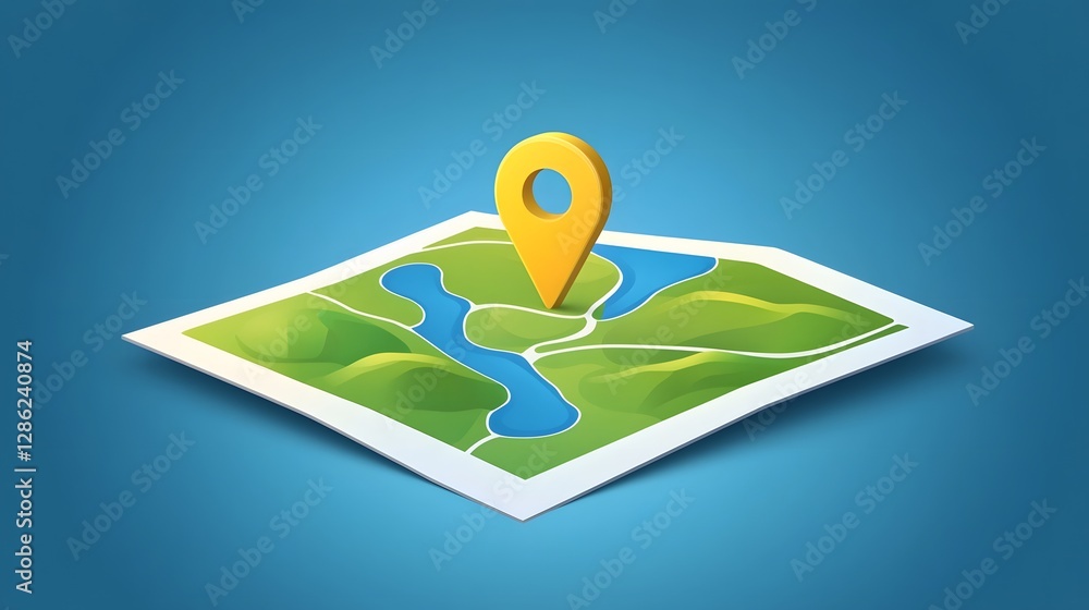 Poster detailed topographic map with yellow navigation pin icon placed on the landscape featuring mountains