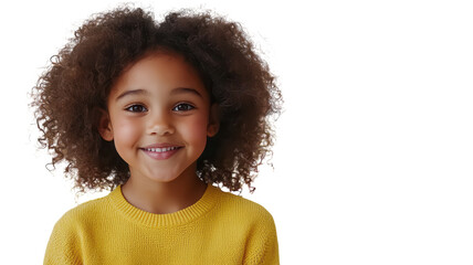 Happy child with curly hair wearing yellow sweater smiles warmly at the camera in a bright, cheerful setting with soft lighting