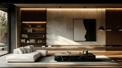 Illustration - Modern Living Room Interior Design, Sofa, Coffee Table, Bookshelf