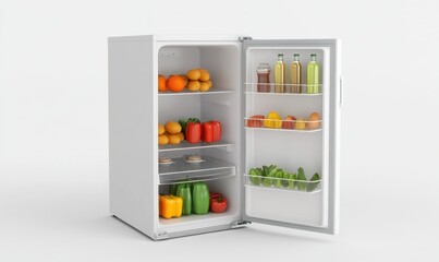 Open fridge with fresh produce, drinks on white background