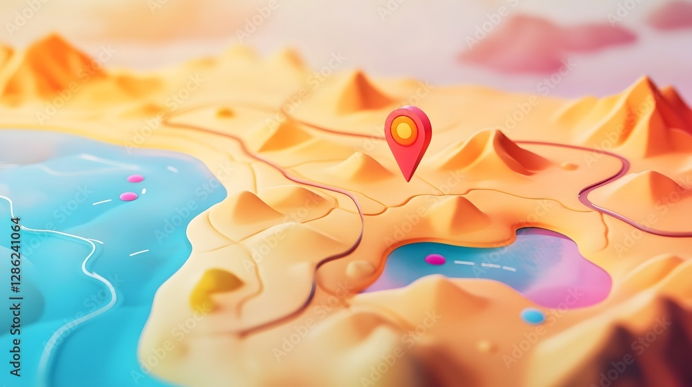 Poster detailed topographical map showcasing the rugged and arid mountainous terrain with a winding river v