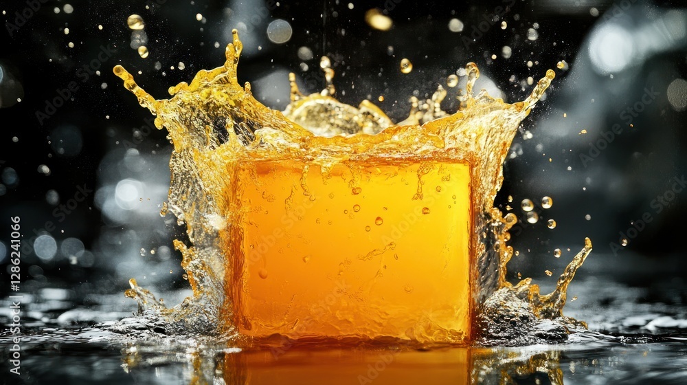 Poster orange block splash creating dynamic water movement with dark background
