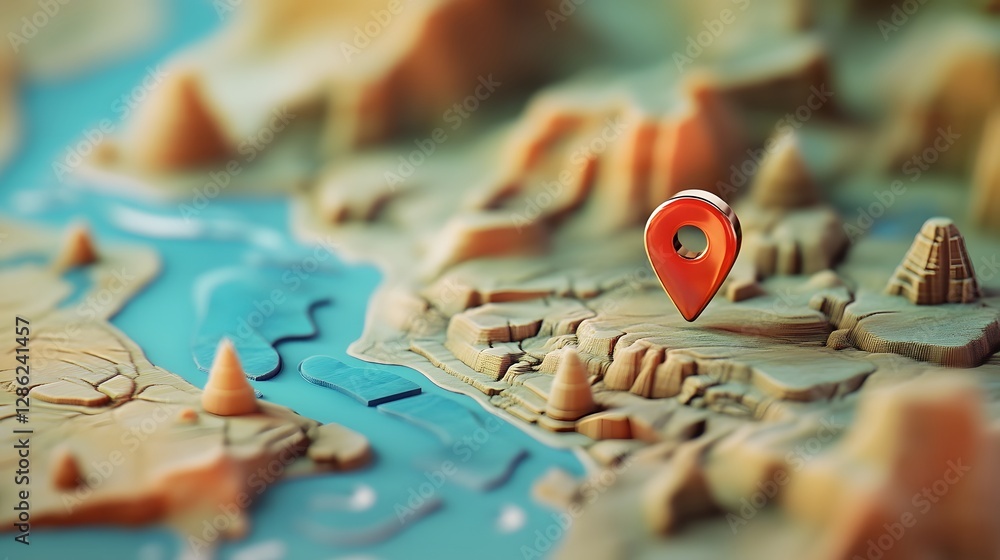 Poster detailed travel map with red pointer pin marking an or tourism destination on a rugged mountainous l