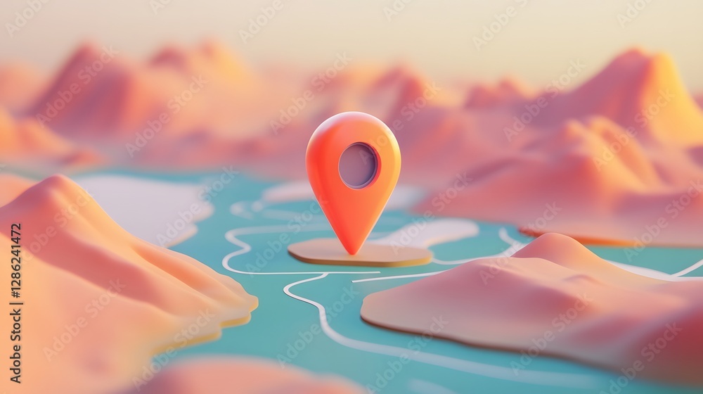 Poster Digital 3D depicting a map pointer icon amid an abstract mountainous landscape scene in a vibrant color palette