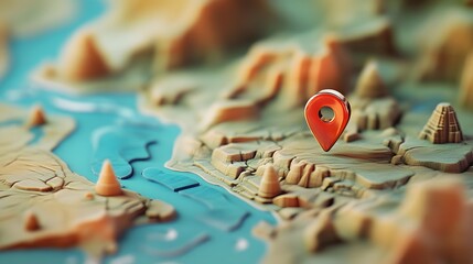 Detailed Travel Map with Red Pointer Pin Marking an or Tourism Destination on a Rugged Mountainous Landscape with Rivers Coastlines and Other Geographical Features