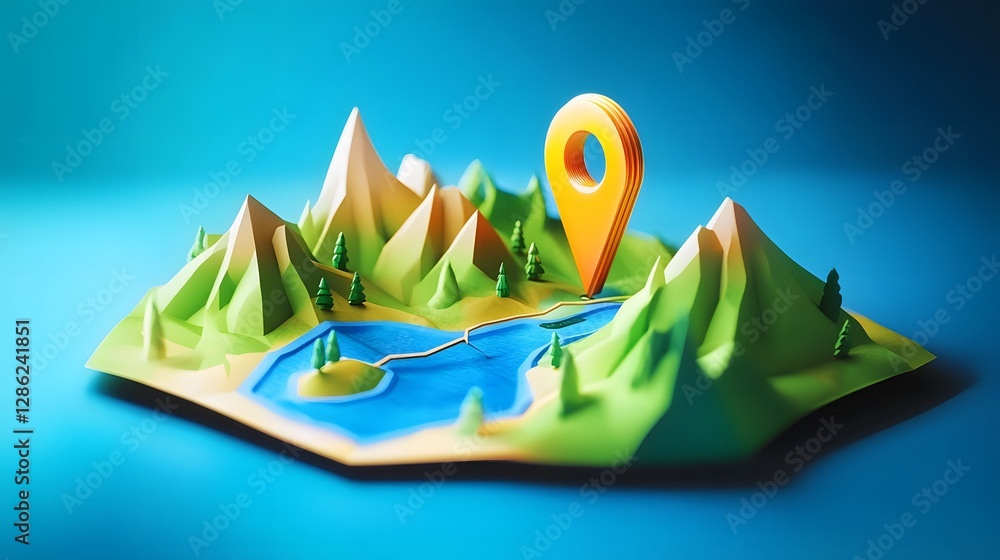 Aufkleber Digital 3D map with navigation pointer icon and mountainous landscape with forests rivers and lakes  Concept for outdoor discovery