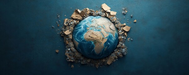 Fototapeta premium Reduction and Surplus concept, Earth surrounded by debris, symbolizing environmental damage and climate change.