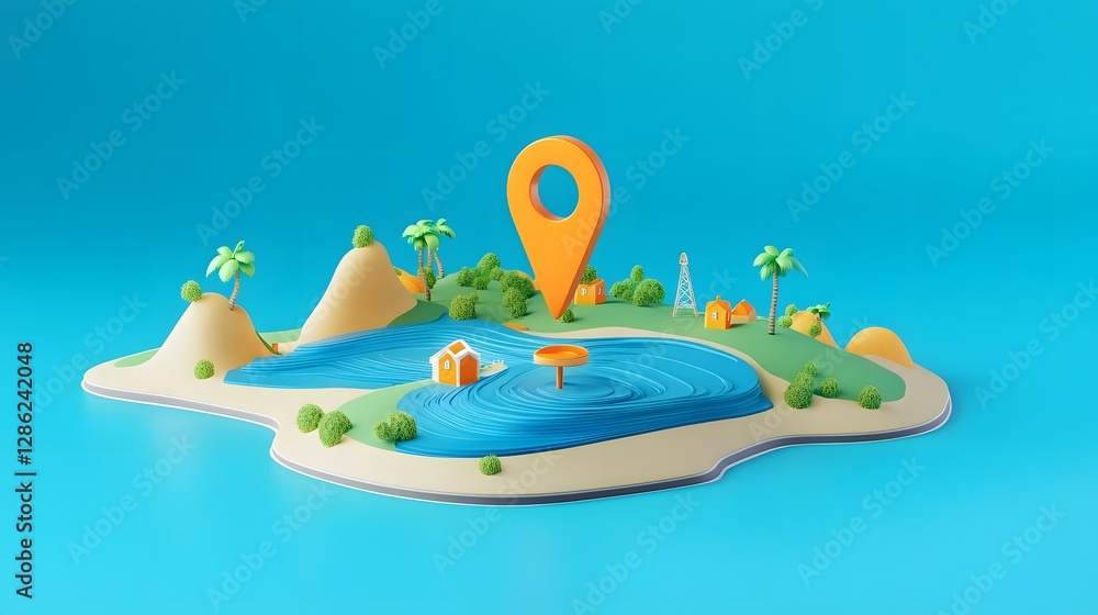 Poster Digital cartoon of a colorful map with a location pointer icon in a tropical island landscape with mountains palm trees and beach  Concept of travel adventure and navigation