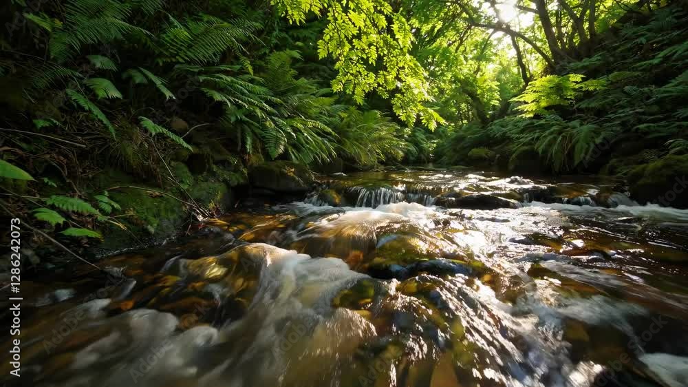 Poster explore a serene river flowing through a lush forest with sunlight filtering through the leaves