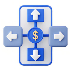 Obraz premium A directional icon featuring arrows pointing in various directions with a dollar symbol at the center, representing financial movement.
