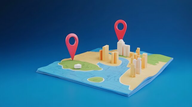 Digital 3D map displaying city infrastructure transportation routes and GPS markers for location and navigation purposes  Useful for tourism business planning and data analysis